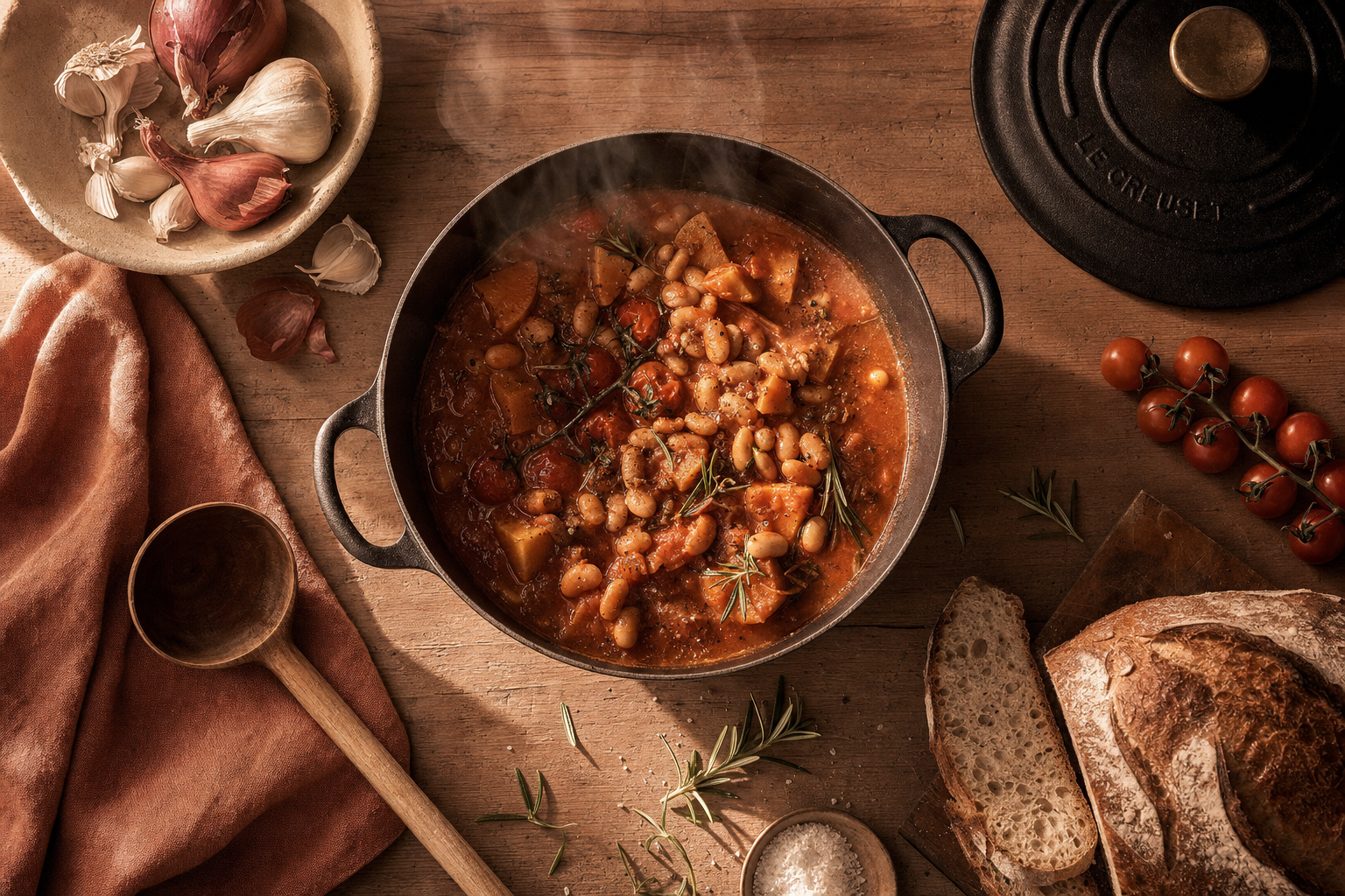 A rustic wooden kitchen counter with a cast iron pot of stew, garlic, tomatoes, sourdough bread, and a wooden ladle resting on linen.