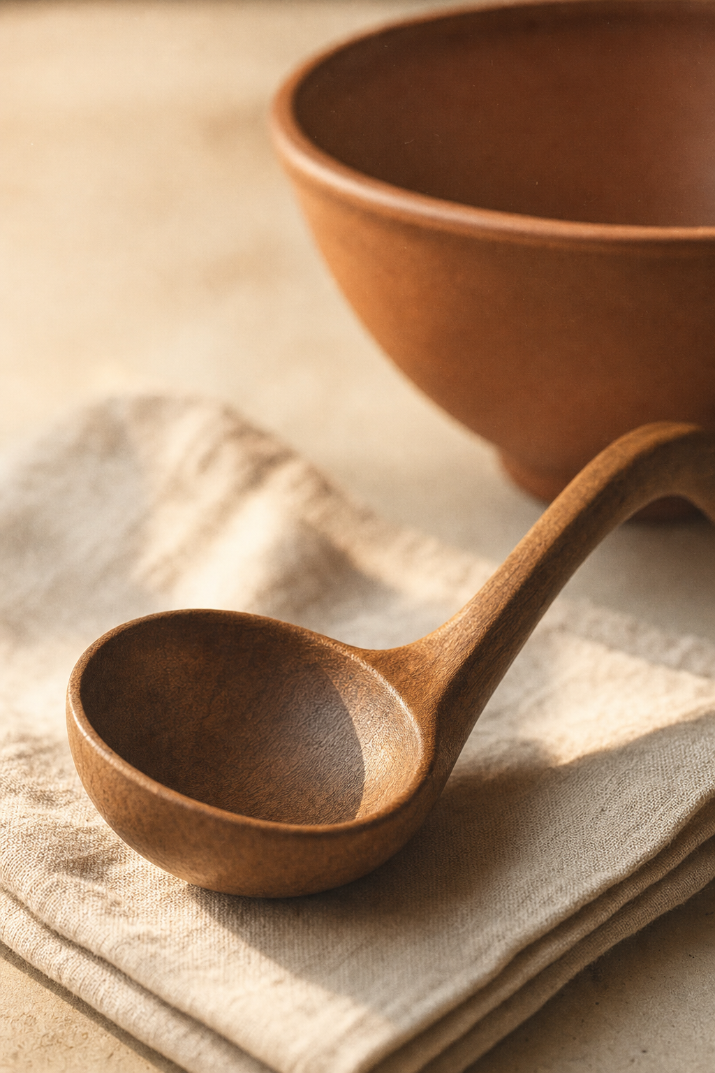 A hand-carved wooden ladle resting on folded linen beside a terracotta bowl.